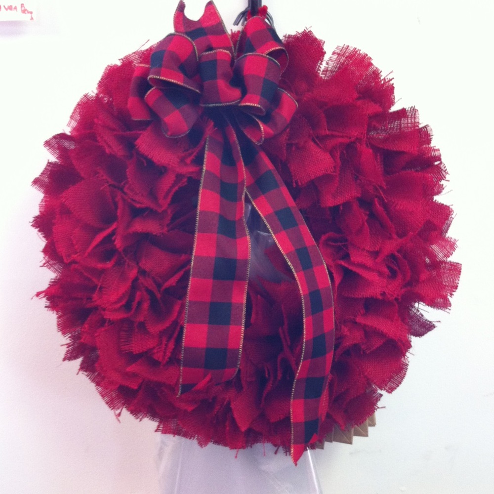 New Red Burlap tied Wreath approx 20” diameter !